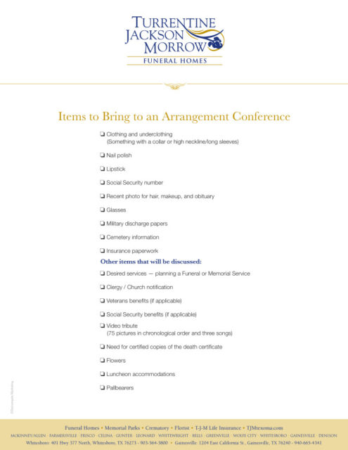 Items to Bring to an Arrangement